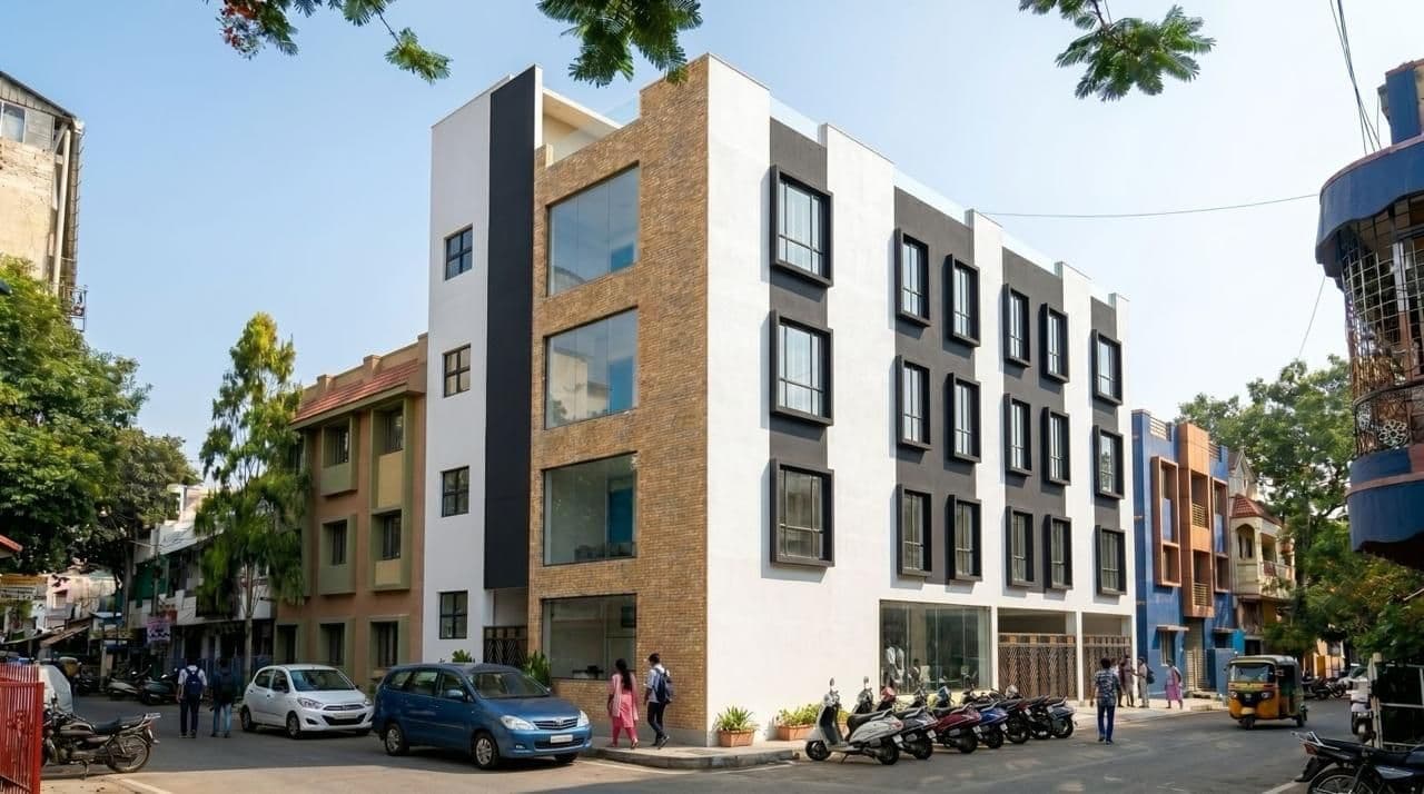 The ESIP main campus building in Pondicherry, a five-storey façade of glass, brick and white panels