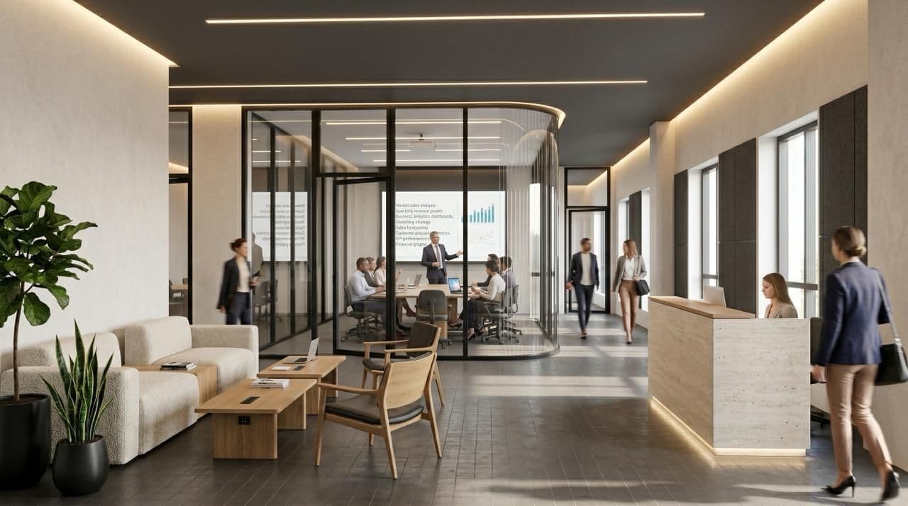 Inside the ESIP campus: a bright lounge beside a glass-walled meeting room
