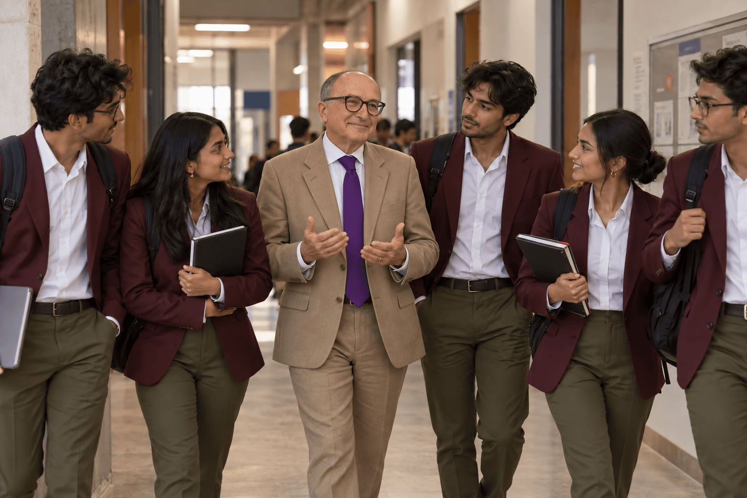 A man in a beige suit talking with students in ESIP blazers as they walk along a bright campus corridor